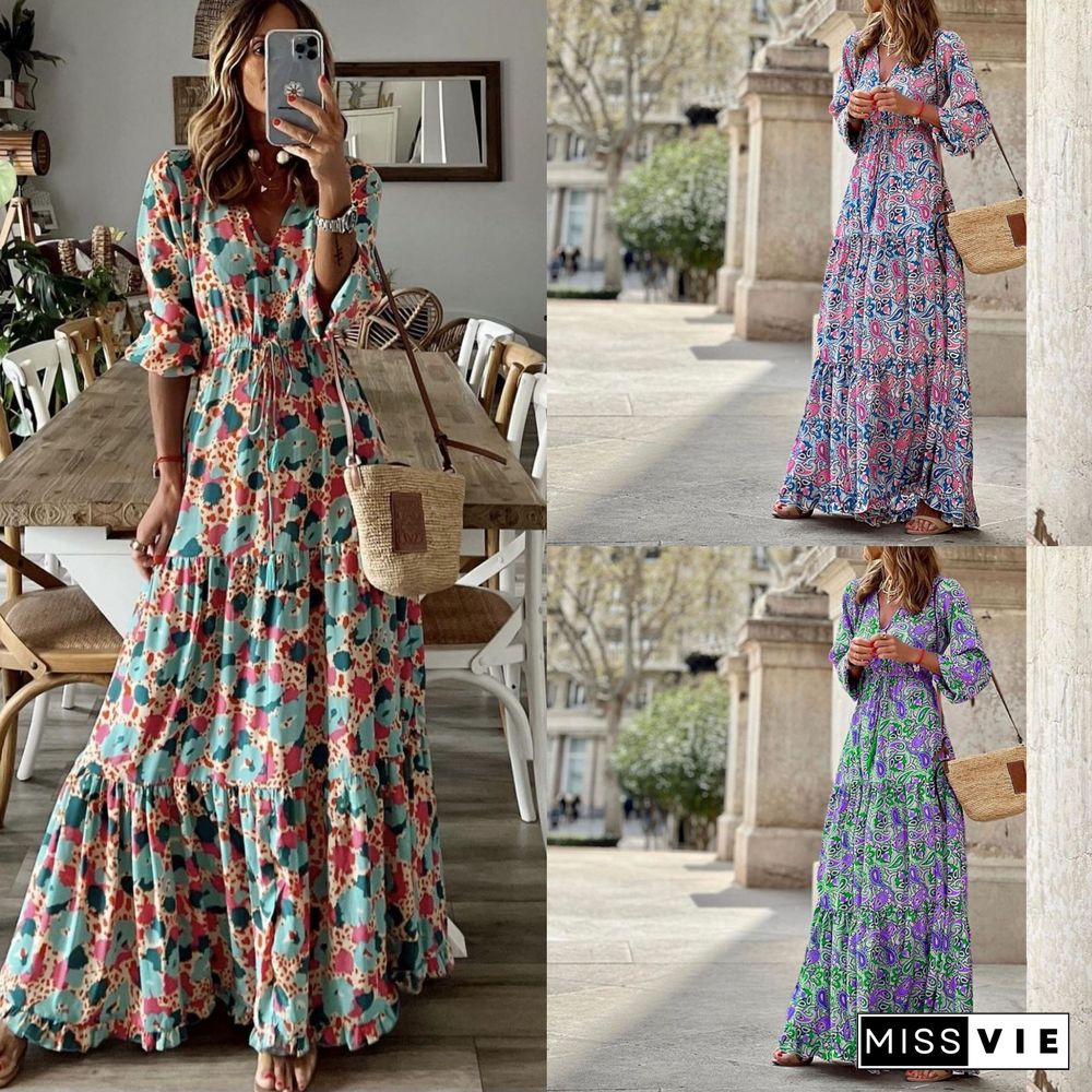 Spring New Temperament V-neck Bohemian Print Swing Dress Womem Casual Vacation Loose Beach Dress