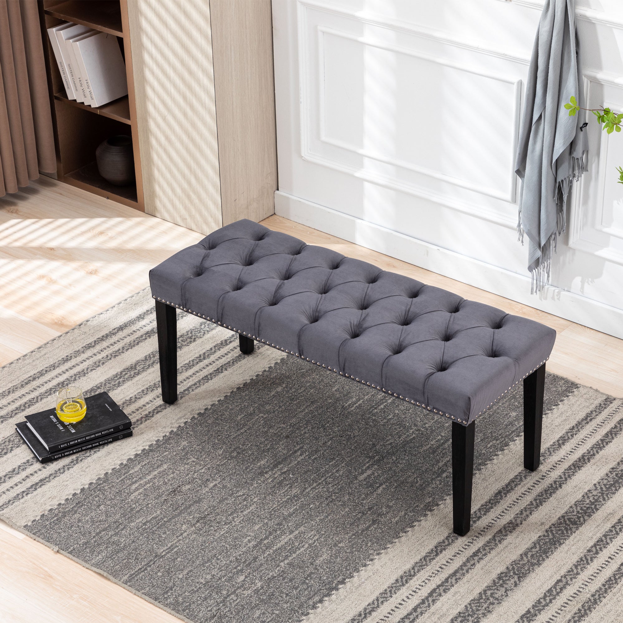 LANTRO JS Heng Ming Upholstered Tufted Bench Ottoman, Velvet Dining Bench Bedroom Bench Footrest Stool Accent Bench for Entryway Dining Room Living Room, Dark gray