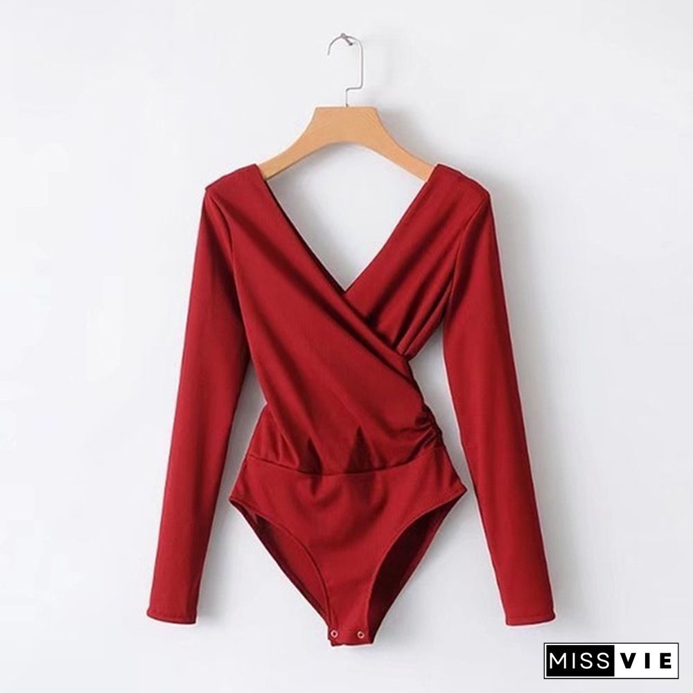 Women Backless Jumpsuits Sky Long Sleeve Bodysuit