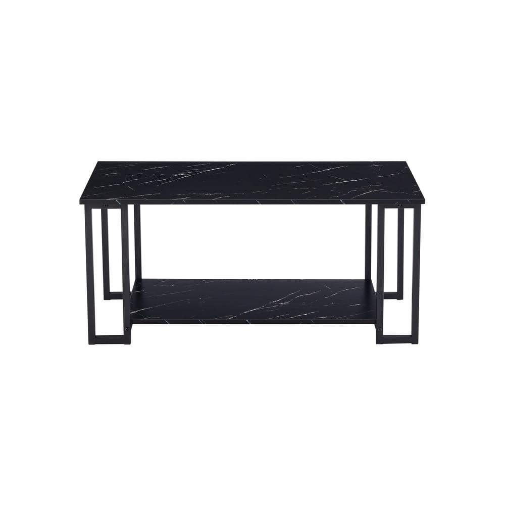 Westsky 39.37 inch. Modern Marble MDF Black Tabletop Rectangular Double-Decker Coffee Table in Black Metal Frame of Living Room W37032107-BK