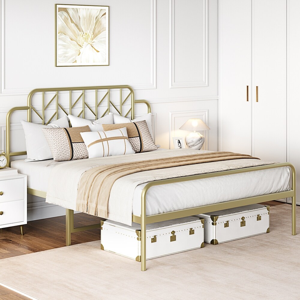 Modern Gold Metal Queen Size Bed Frame with Headboard and Footboard Branch Style