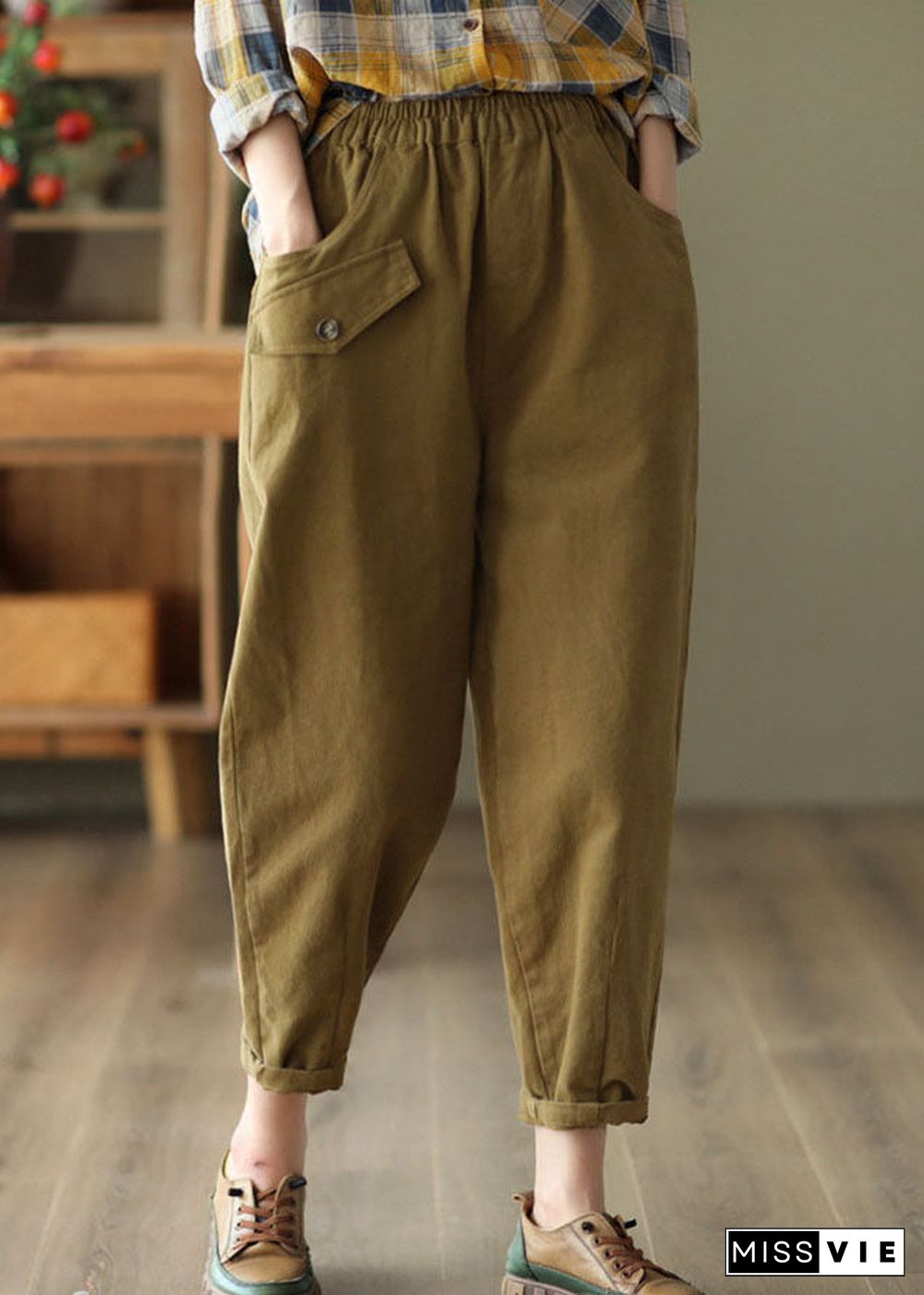 Khaki Slim Fit Cotton Harem Pants High Waist Pockets Fall