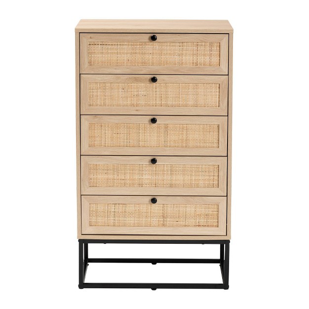 Amelia Wood Rattan 5 Drawer Storage Cabinet Natural Brown black Baxton Studio