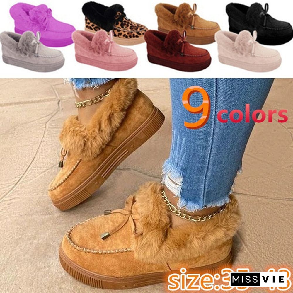 Womens Comfort Winter Comfy Suede Casual Fashion Flat Snow Boots Faux Fur Trim Bow Accent Slipper