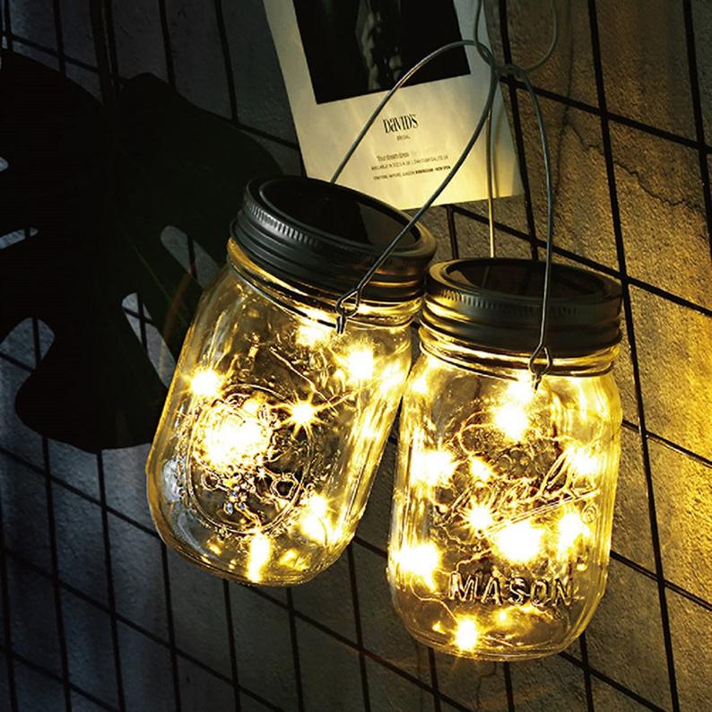 Outdoor Solar Garden Mason Jar Decor Lights With 20LED Fairy String Light Solar Hanging Lanterns for Yard Patio DIY Party Wedding Decoration (1 Piece)