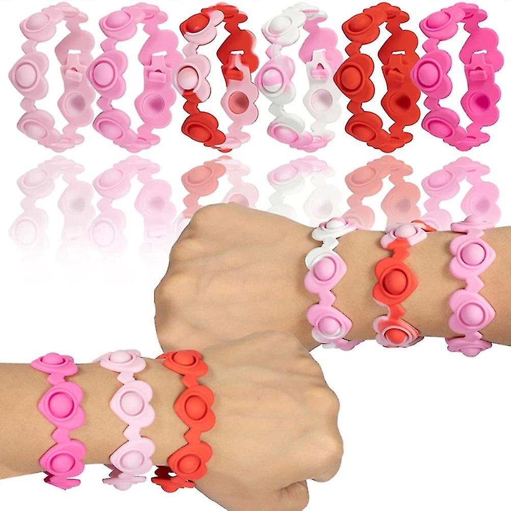 6 Pcs Red Pink Hearts Silicone Push Bubble Bracelets Toy for Kids Adults Valentines Day Gifts Decompression Toys