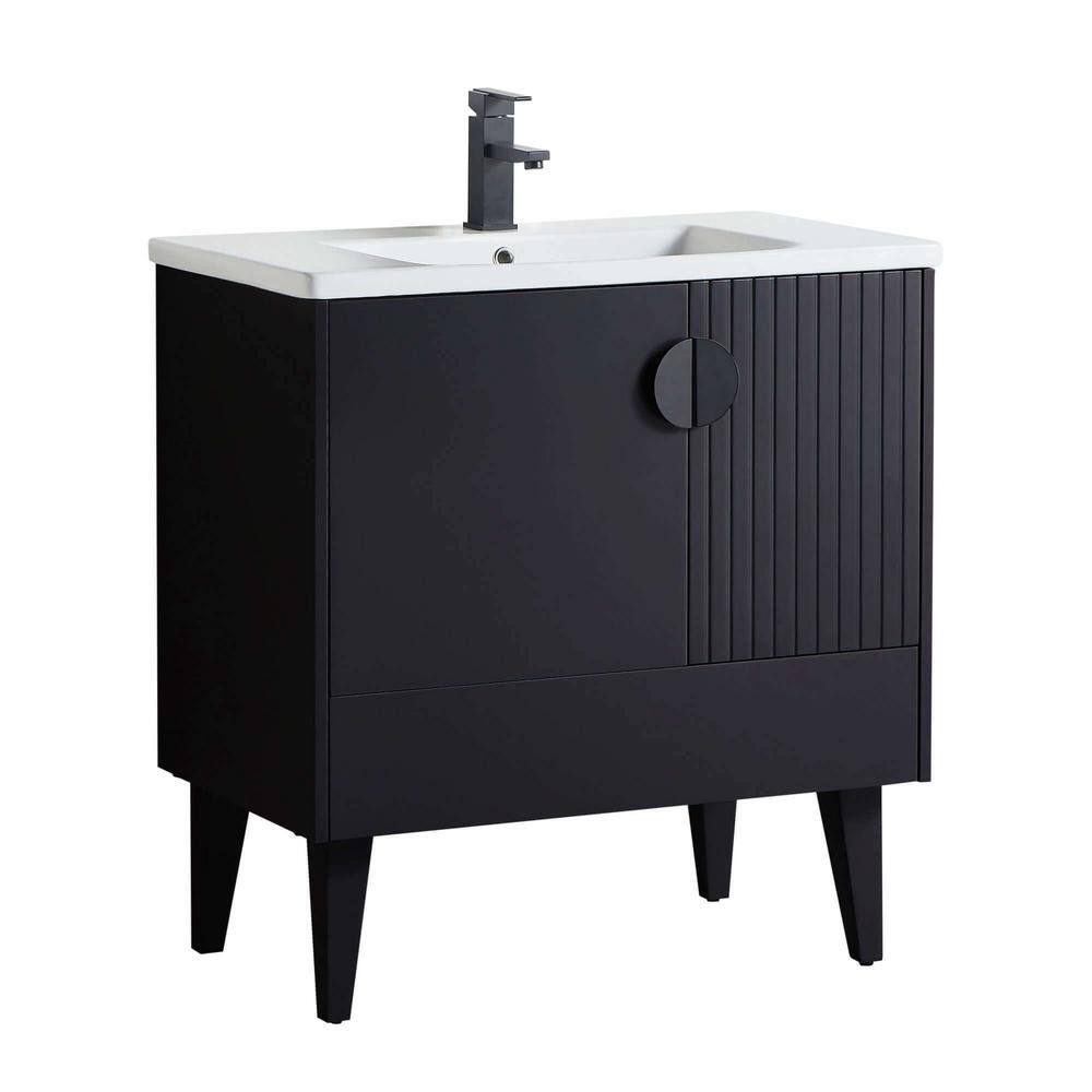 FINE FIXTURES Venezian 30 in. W x 18.11 in. D x 33 in. H Bathroom Vanity Side Cabinet in Black Matte with White Ceramic Top VN30BL-VNHA1BL