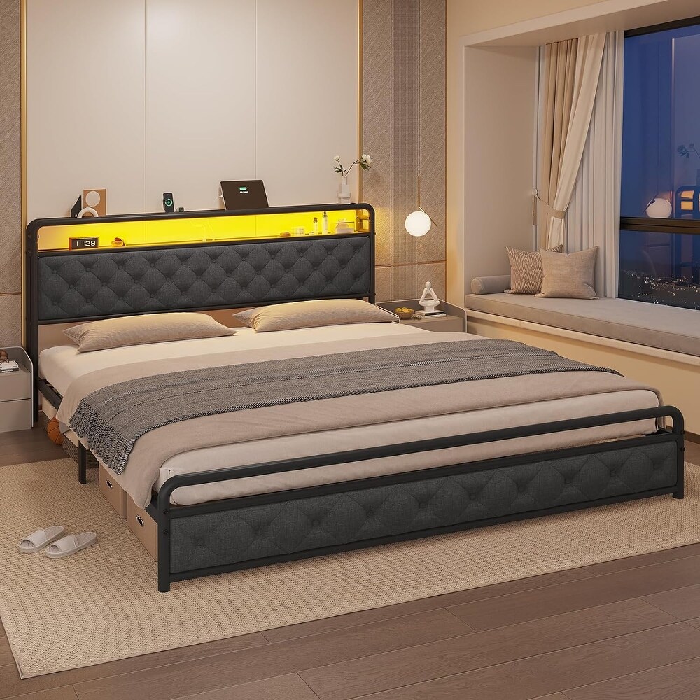 King Size Bed Frame with Built in LED Light Headboard