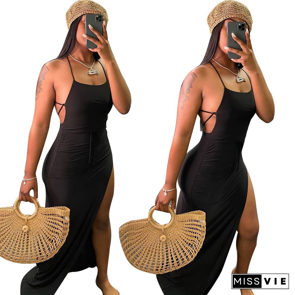 Women Sexy Solid Backless Halter Sling Bandage High Side Slit Slinky Evening Party Long Maxi Dress