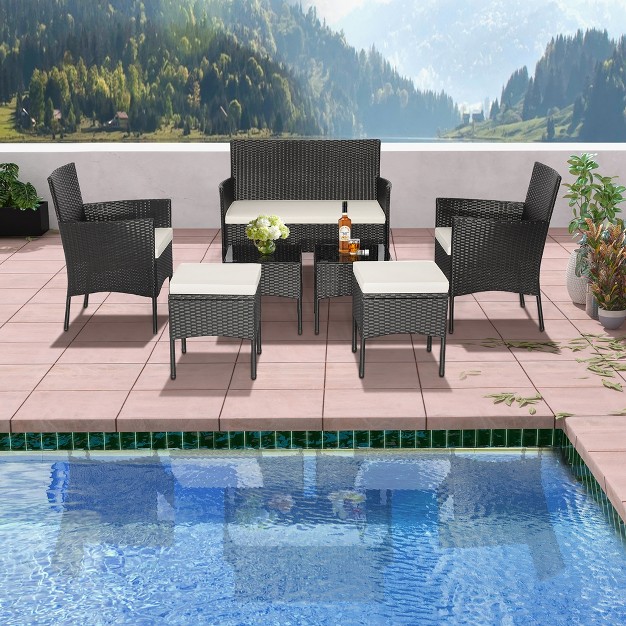 Costway 7pcs Patio Rattan Sofa Furniture Set Table Ottoman Metal Cushioned Outdoor Pool