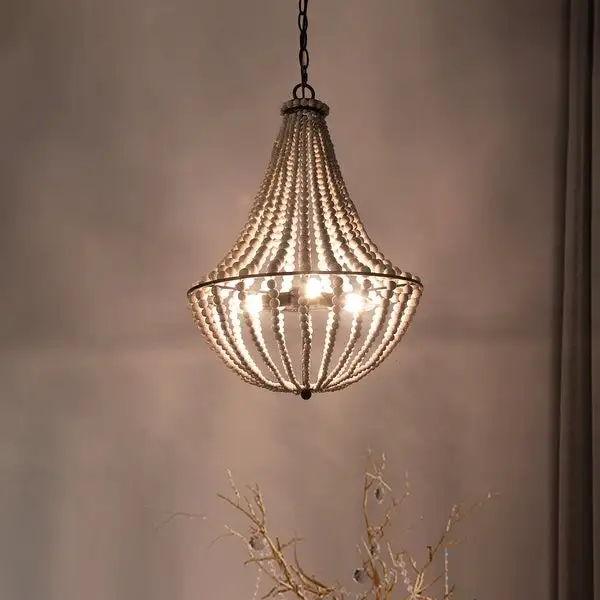 Modern Farmhouse 3-Light Wood Beads Coastal Chandelier - Off-white - 15.5'' L x 15.5'' W x 22'' H Shopping - The Best Deals on Chandeliers