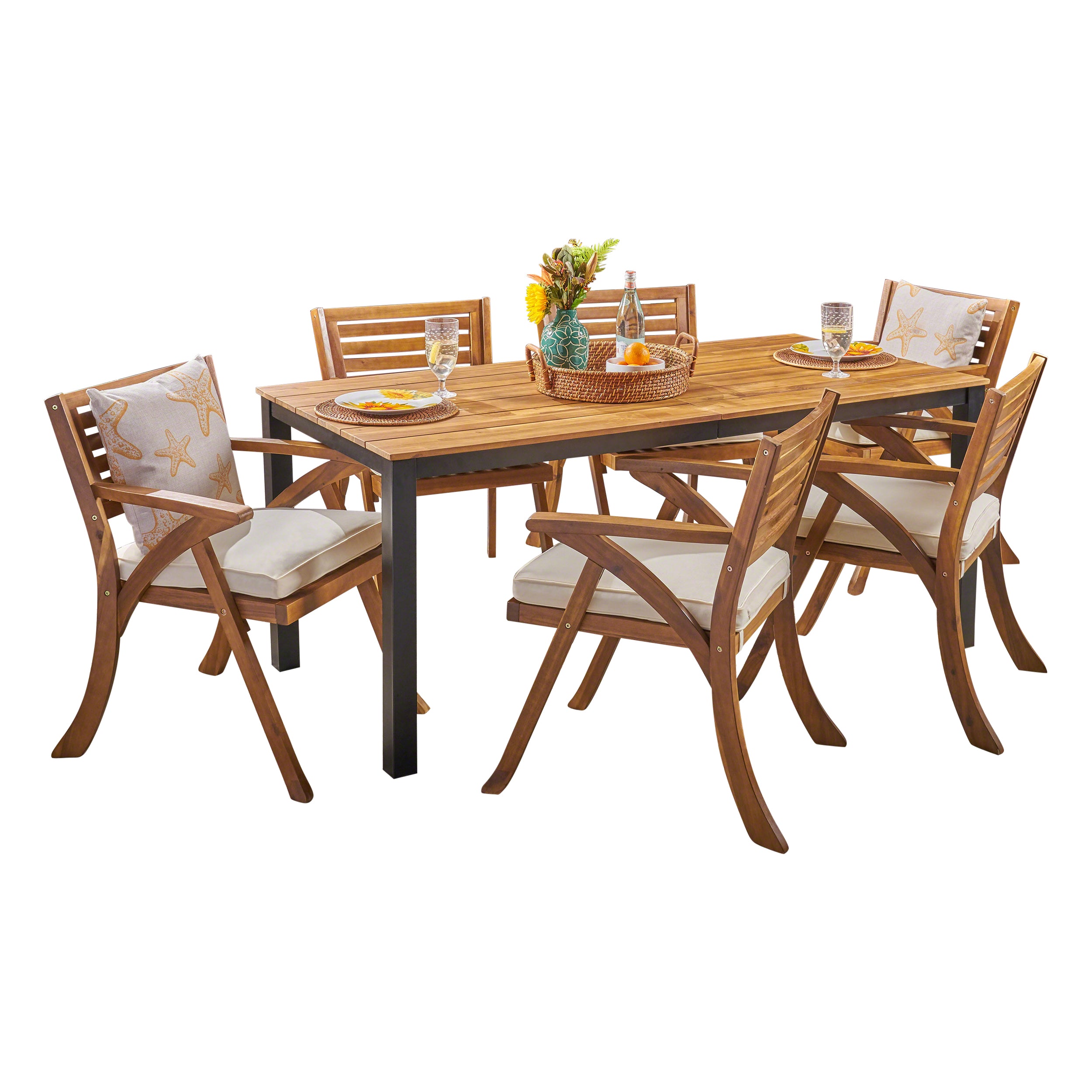 Nora Outdoor 7 Piece Acacia Wood Dining Set, Teak and Cream