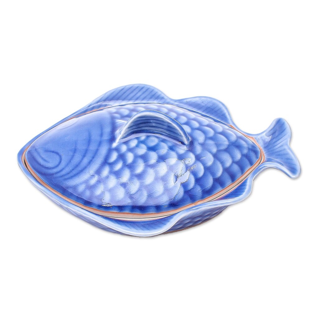 Novica Handmade Fish Dish In Blue Celadon Ceramic Lidded Bowl