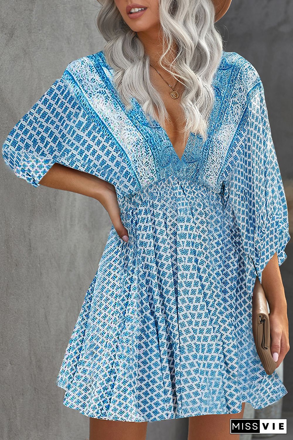 Sky Blue V Neck 3/4 Sleeve Bohemian Vintage Print Mini Dress