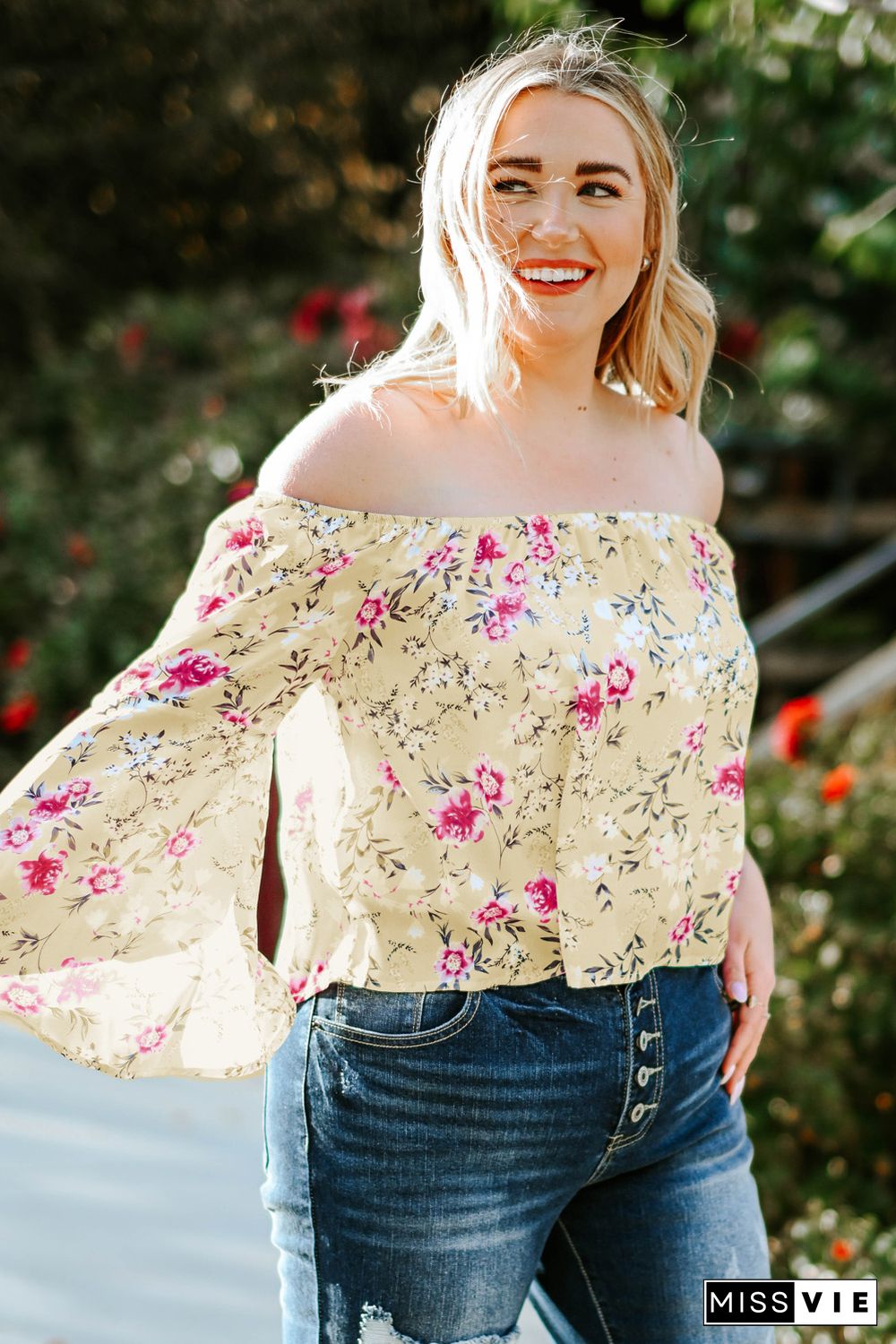 Plus Size Floral Off Shoulder Ruffle Sleeve Top