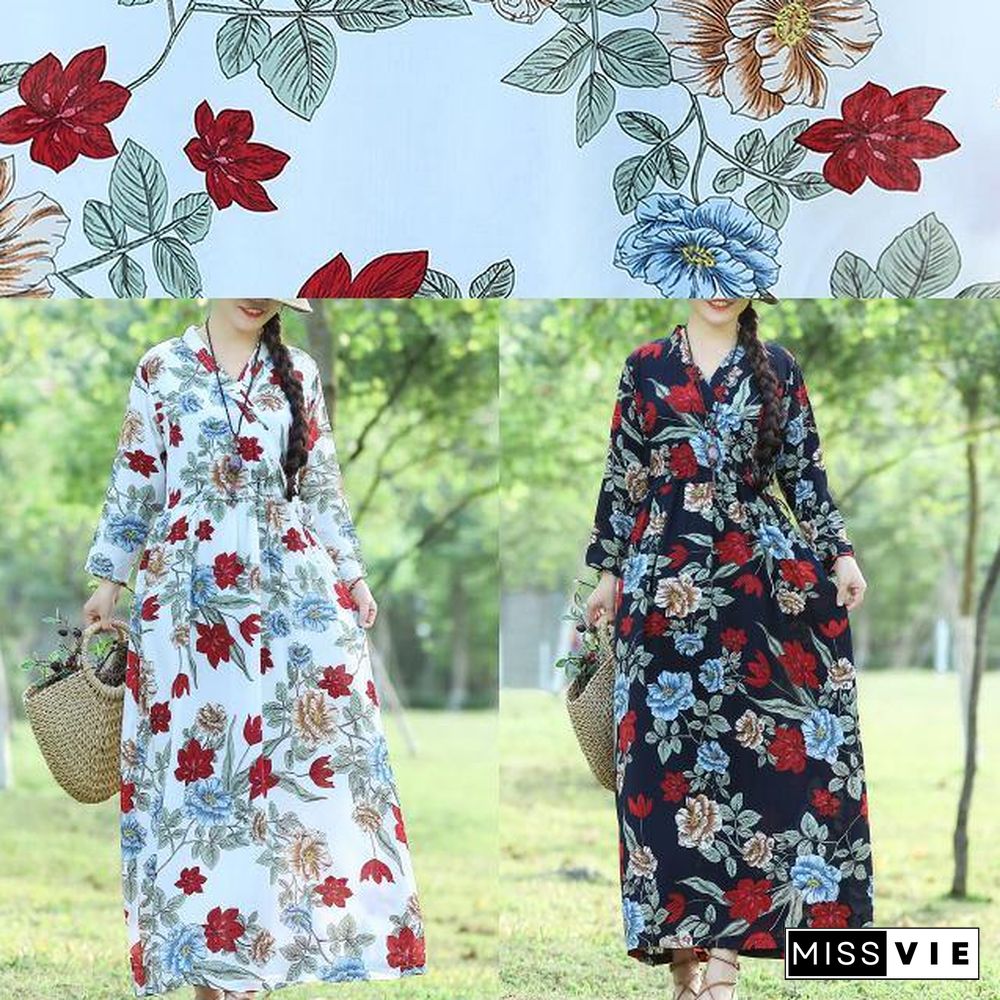 DIY blue cotton tunics for women Casual Shape prints cotton robes summer Dress