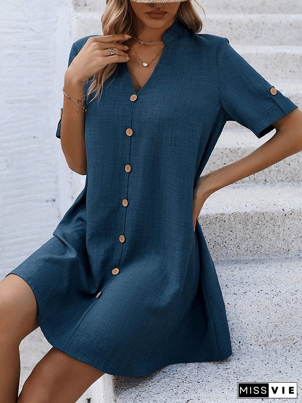 Women's Solid Color V-Neck Short-Sleeved Comfortable Casual Buckled Cotton And Linen Dress