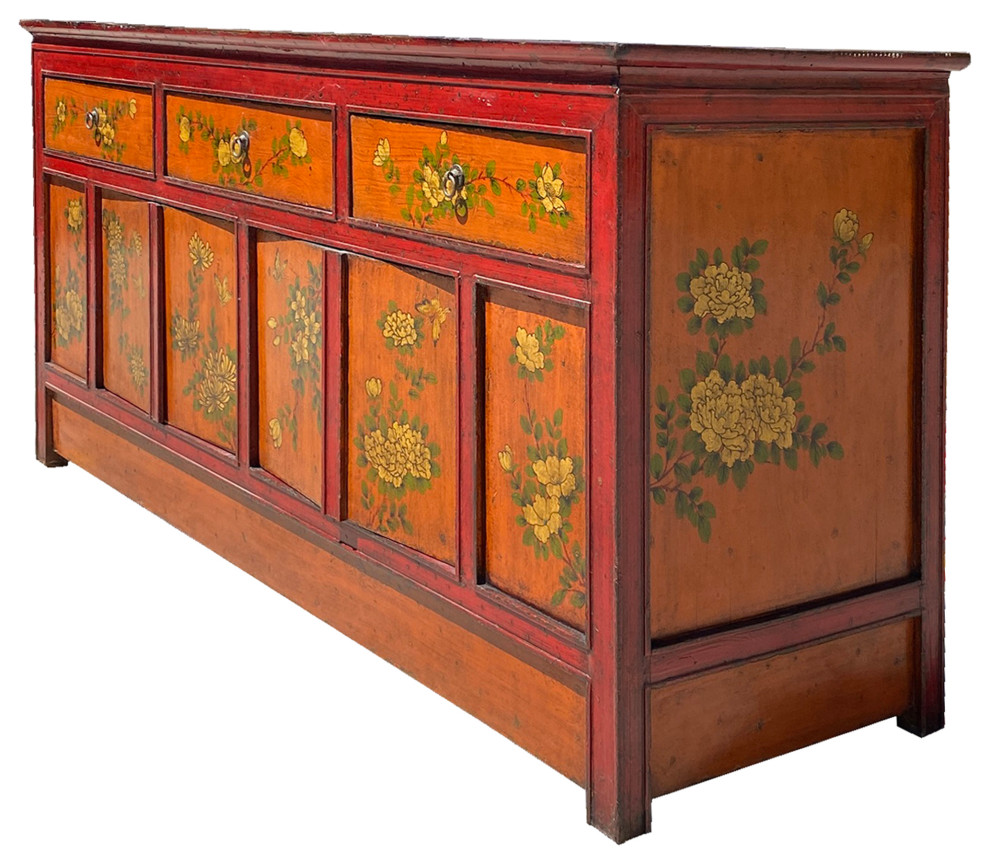 Chinese Tibetan Orange Red Yellow Flower Graphic Low TV Console Table Hcs7317   Asian   Console Tables   by Golden Lotus Antiques  Houzz