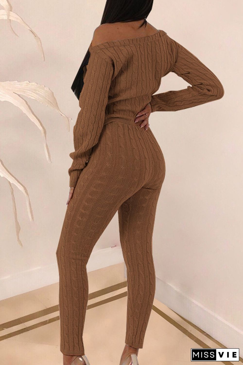 Coffee Elastic Fly Long Sleeve Mid Solid pencil Pants Two-piece suit