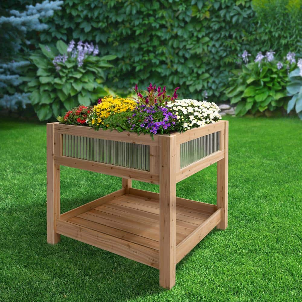 Outdoor Essentials Contemporary 3 ft. x 3 ft. Corrugated Metal and Cedar Elevated Garden Planter with Shelf (Tool Free) 446583