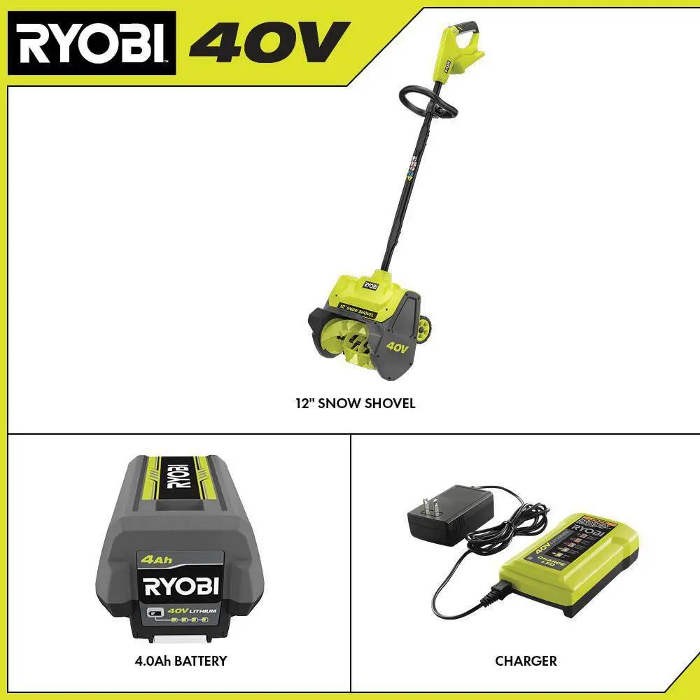 RYOBI 40V 12 in. Single-Stage Cordless Electric Snow Shovel with 4.0 Ah Battery and Charger RY408130