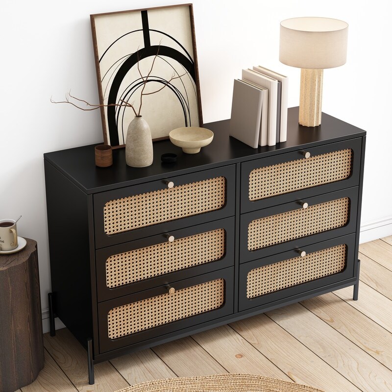 47'' Modern Solid Wood 6 Drawer Dresser with Rattan Decorative Doors (2 Colors）