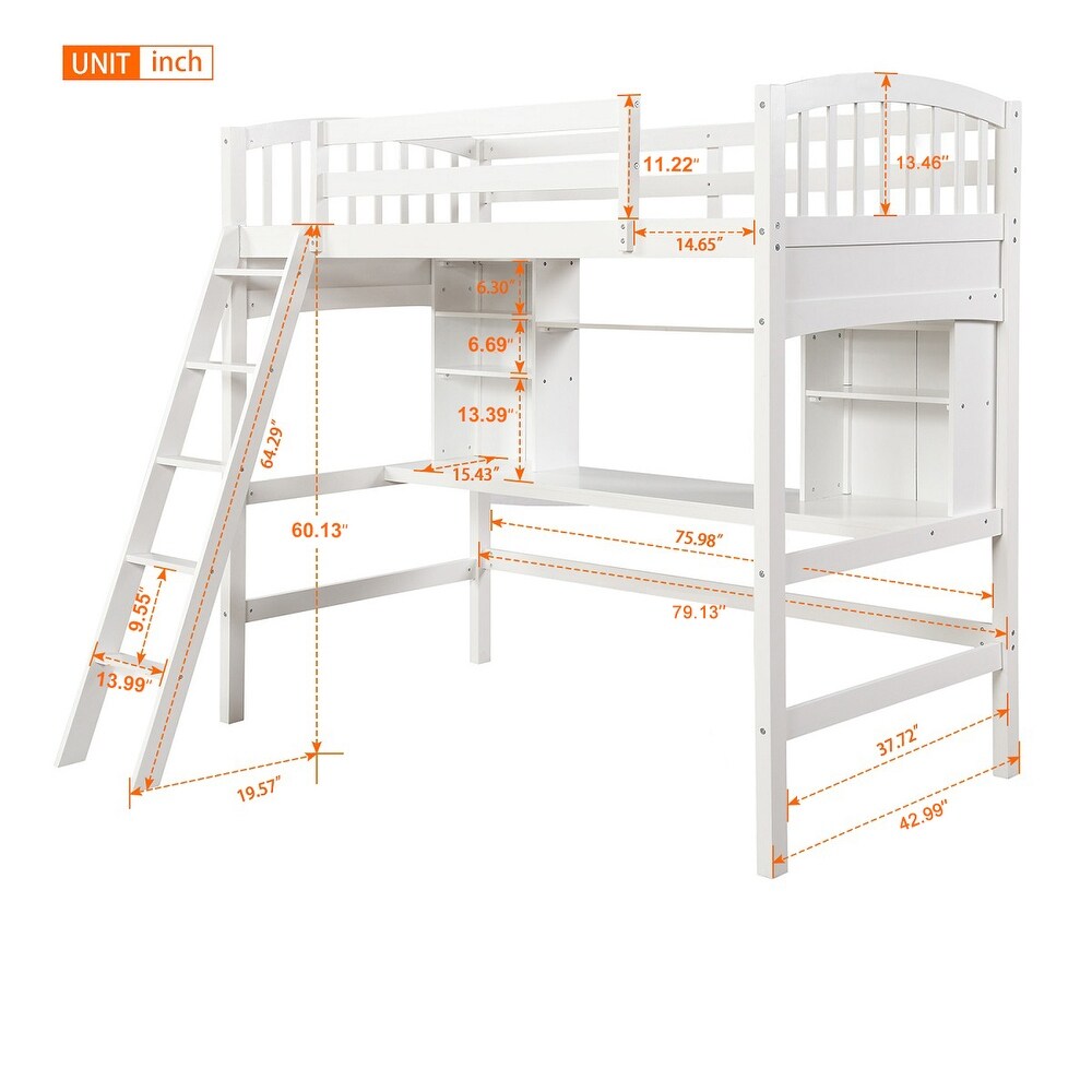 Multifunctional Design Twin size Loft Bed with Storage Shelves  Desk and Ladder