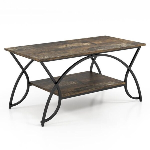 Modern Faux Marble 2 Tier Coffee Table with Metal Curved Legs