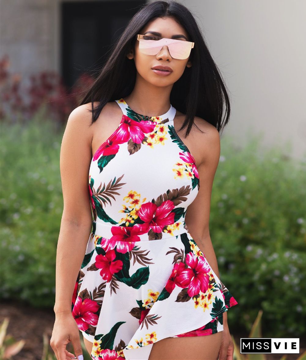 Floral Print Sleeveless Back Cut Out irregular Romper