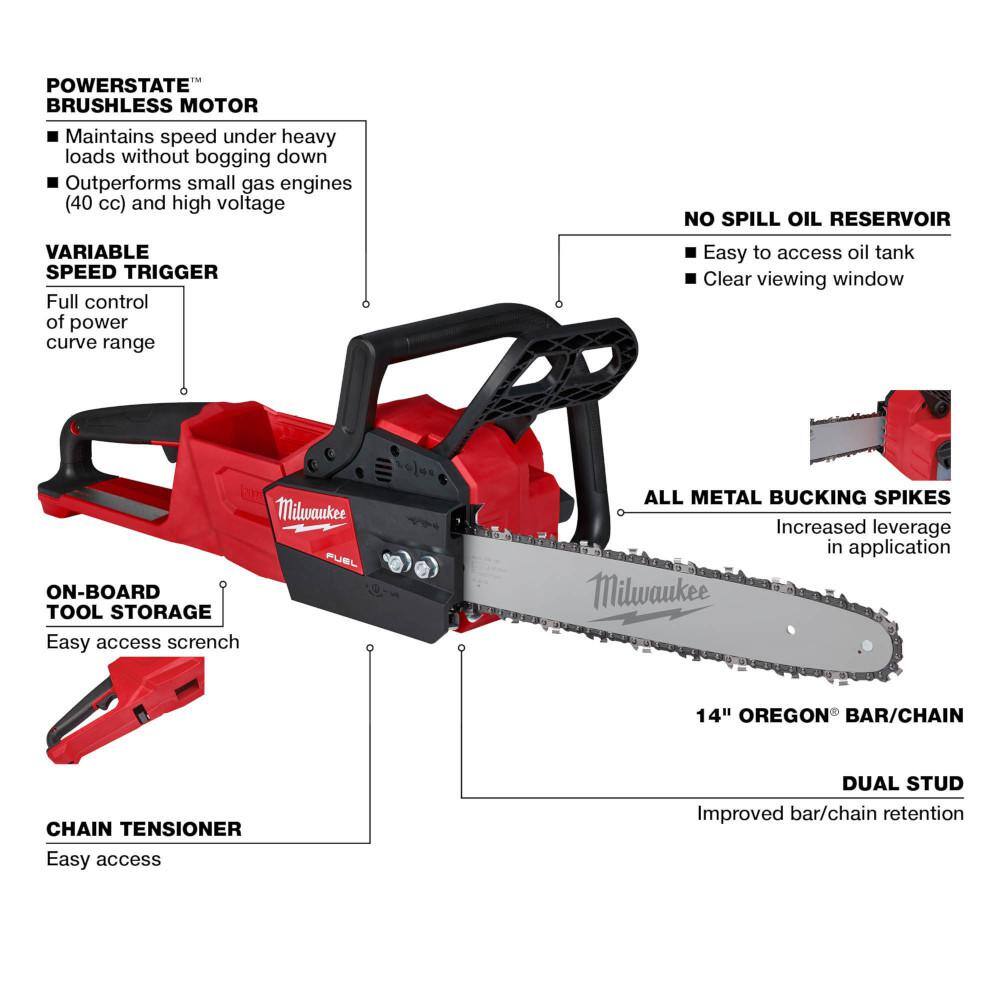 MW M18 FUEL 10 in. 18V Lithium-Ion Brushless Electric Cordless Pole Saw Kit  M18 14 in. Chainsaw with 8Ah Battery Charger 2825-21PS-2727-20C