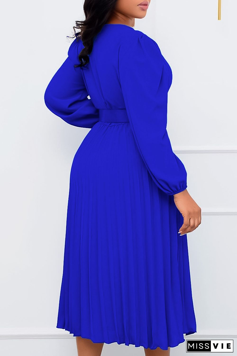 Royal Blue Casual Solid Patchwork Fold V Neck Waist Skirt Dresses(With Belt)