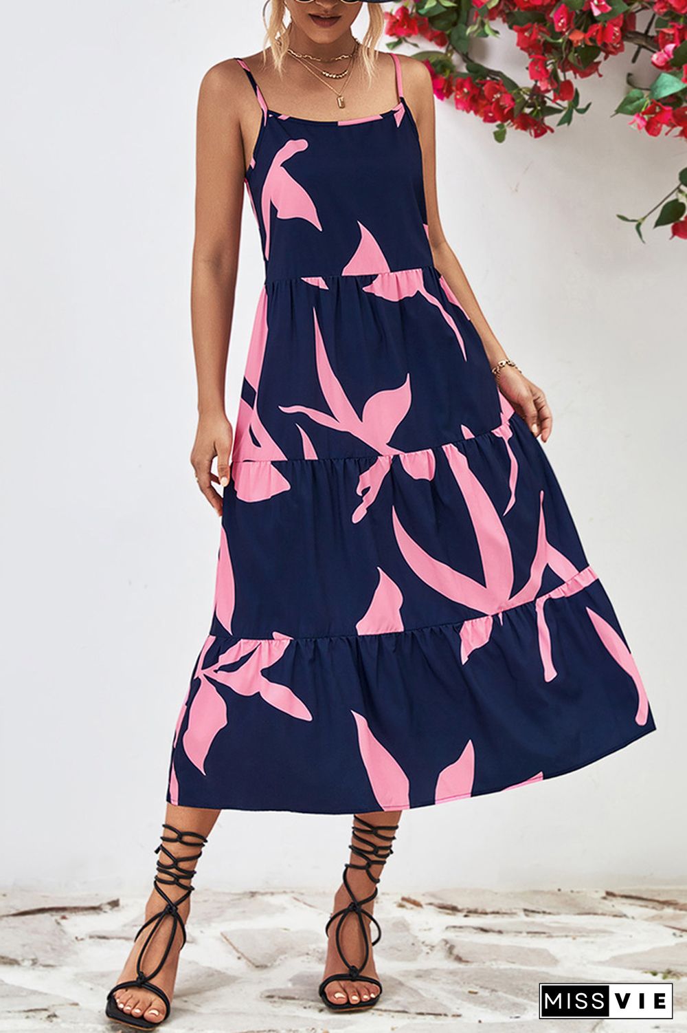 Printed Spaghetti Strap Tiered Maxi Dress