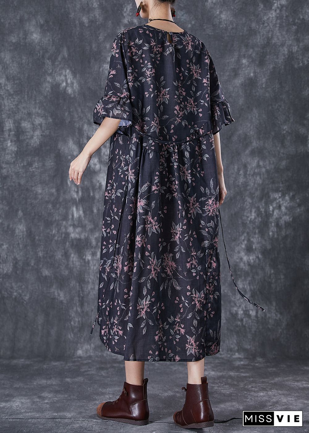 Black Print Patchwork Cotton Dresses Oversized Butterfly Sleeve