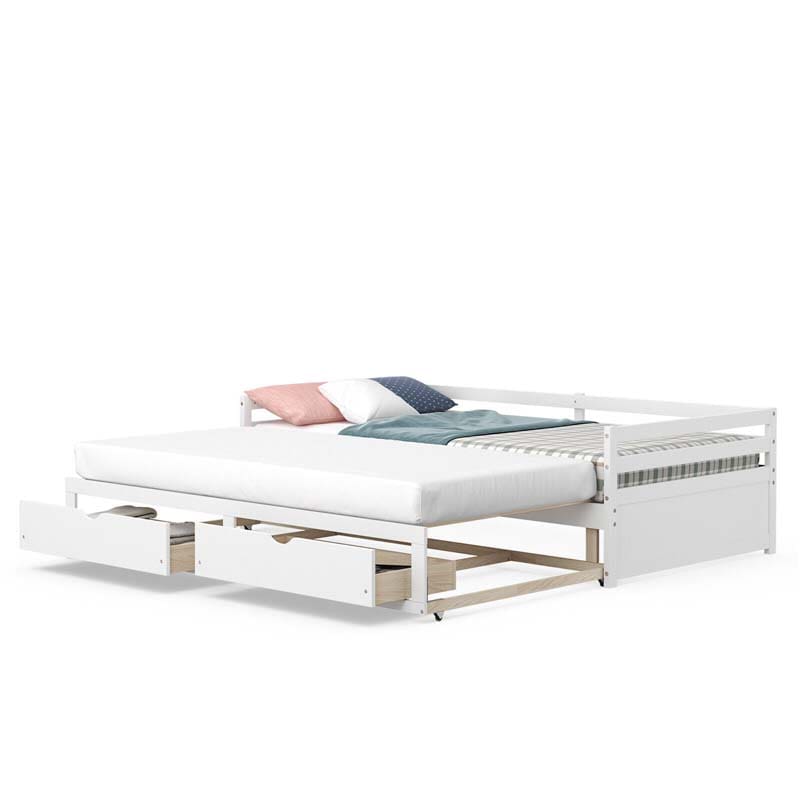 Extendable Twin to King Daybed with Trundle & 2 Storage Drawers, Dual-use Modern Sofa Bed with Roll Out Bed Frame