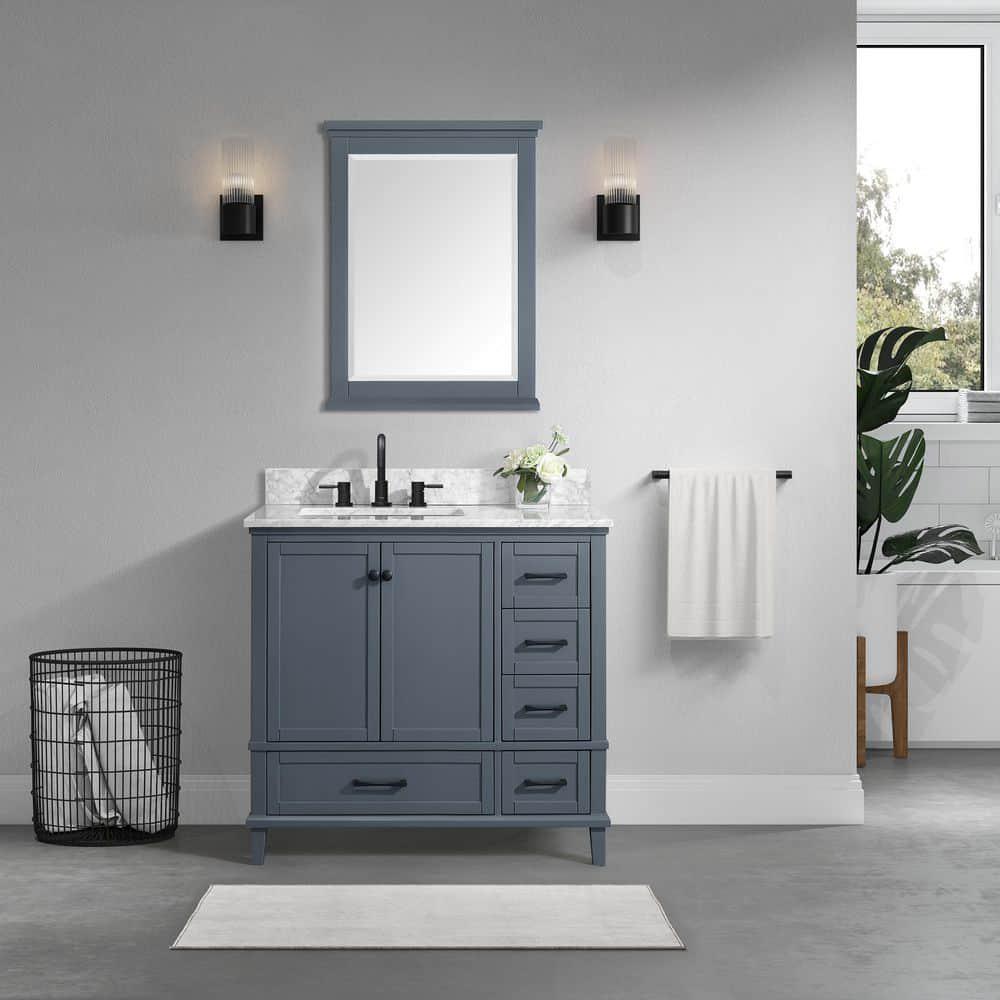 Home Decorators Collection Merryfield 37 in W x 22 in D x 35 in H Bathroom Vanity in Dark Gray with Carrara White Marble Top