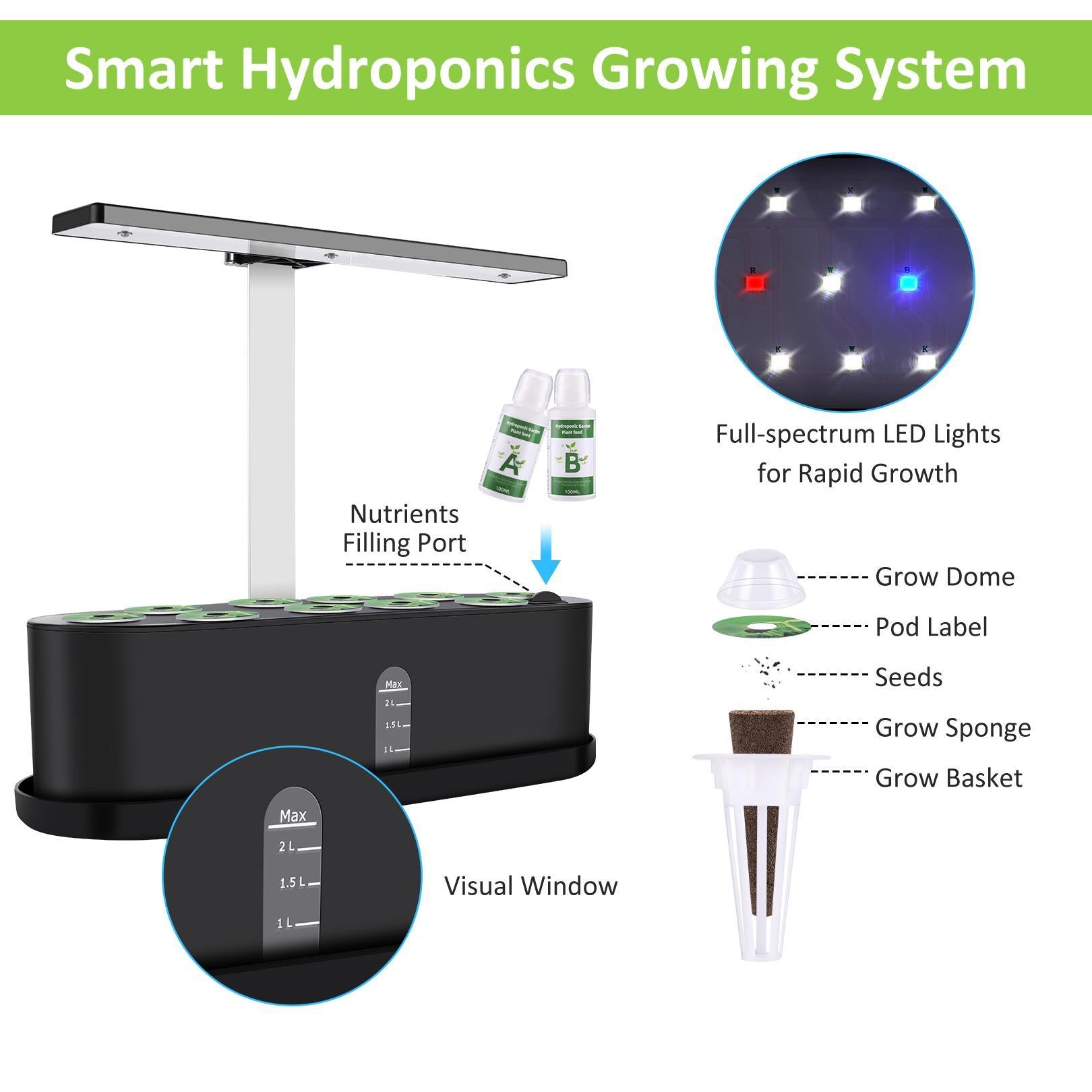 10 Pods Indoor Garden Kit， Hydroponics Growing System， Smart Herb Garden Planter W/ LED Grow Light， Automatic Timer Germination Starting Starter Kit for Home Kitchen Office， Height Adjustable