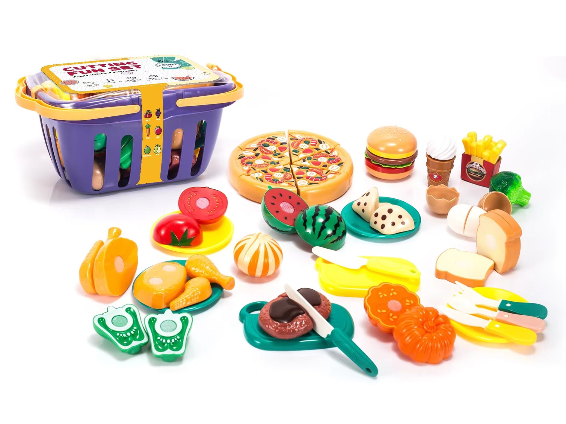 Cutting Food Play Set toys with basket, for Kids Pretend Kitchen Toys Cutting Fruits Vegetables, Pizza, Hamburger 26 Pieces and accessories for +3 Years Girls and Boys.