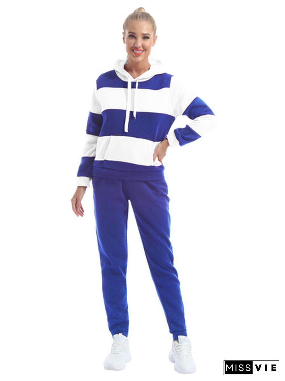 Plus Size Women's Casual Two Piece Outfits Stripes Sweatsuit Tracksuit Pocket Hoodies Sweatshirt Drawstring Pants S-Xxxl