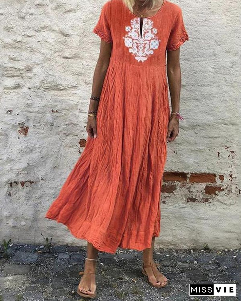 Casual Solid Color Printed Short-Sleeved Maxi Dress