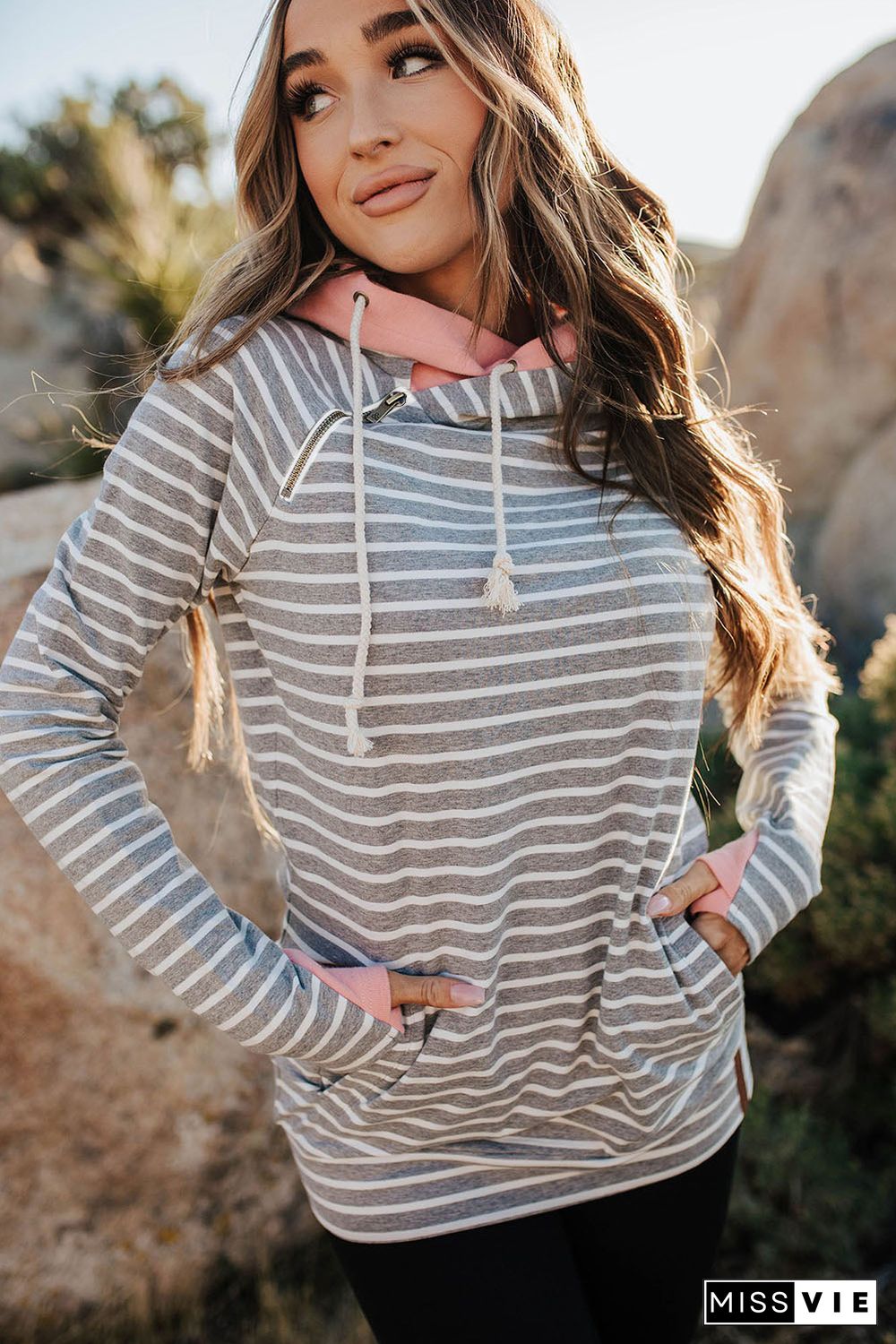 Striped Cowl Neck Hoodie with Pocket