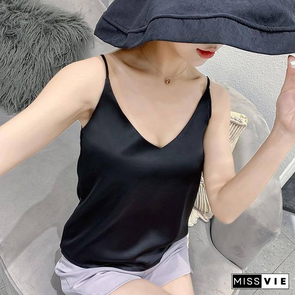 Korean Silk Top Women V-neck Satin Tank Tops Woman Sleeveless Black Tees Cami Sexy Halter Top Plus Size Elegant Women White Tops