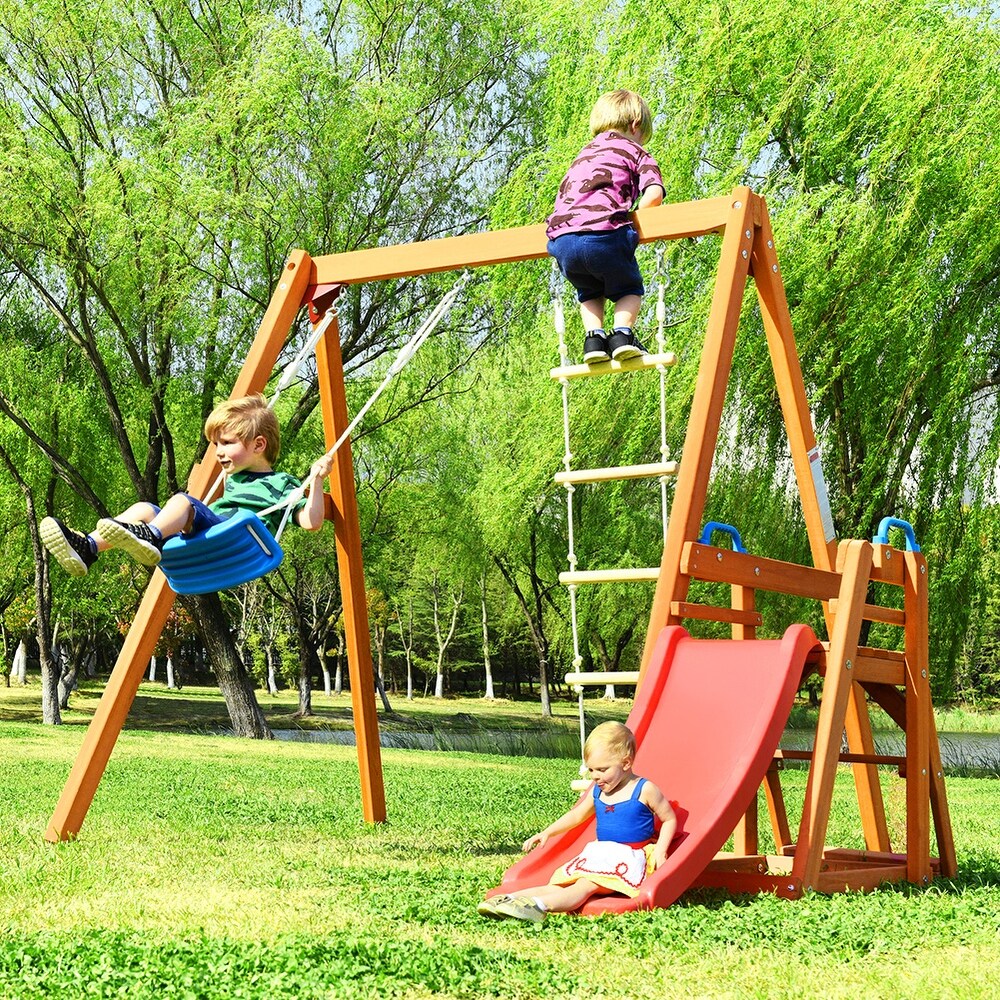Outdoor Backyard Playground Climb Swing Set with Slide for Kids