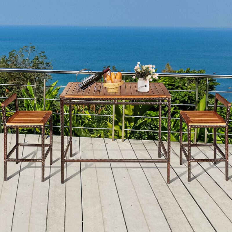 3 Pcs Rattan Wicker Patio Bar Set Dining Table Set Counter Height Bistro Set with Acacia Wood Tabletop & 2 Bar Stools