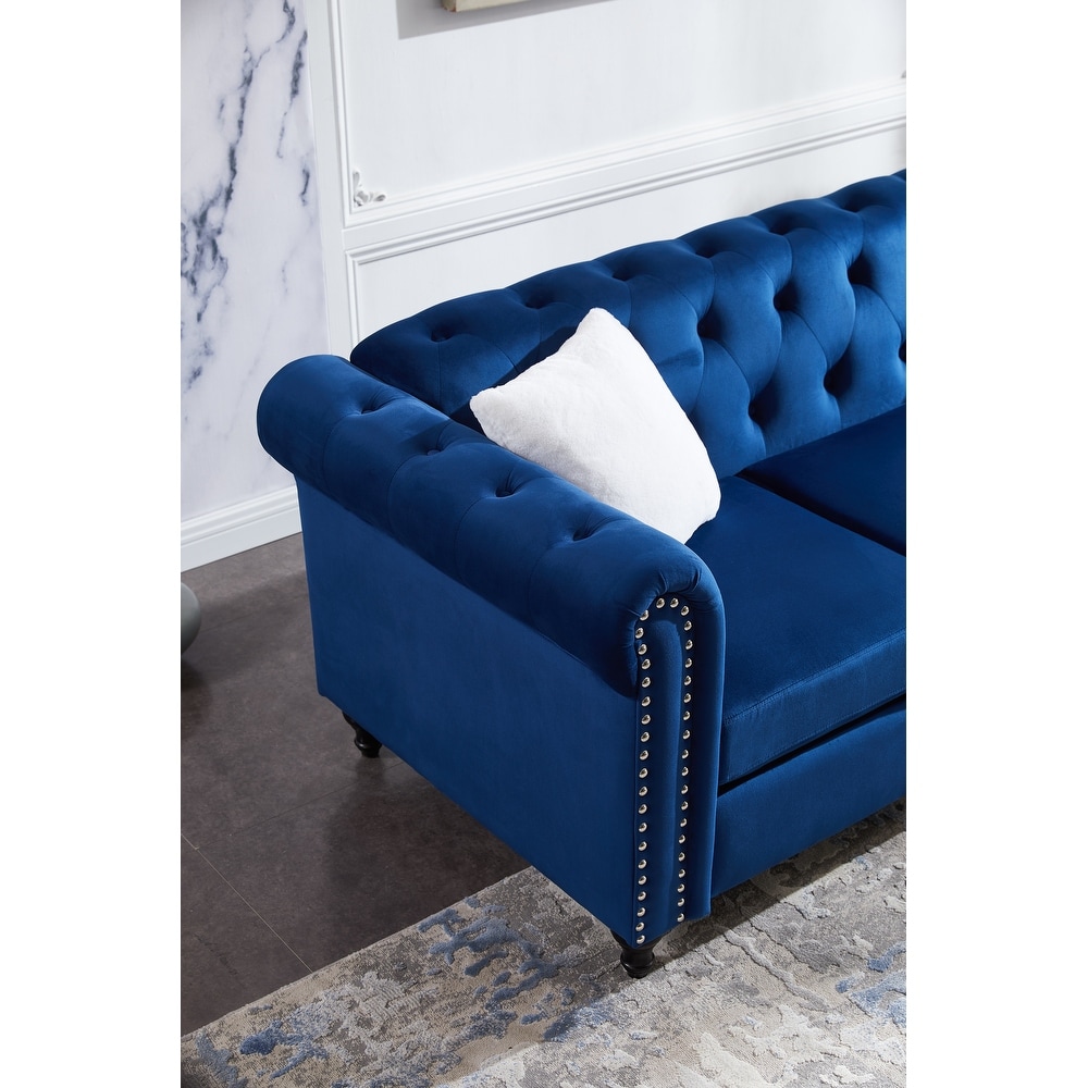 Sofa chair with button and copper nail on arms and back one white villose pillow velvet Blue (38\