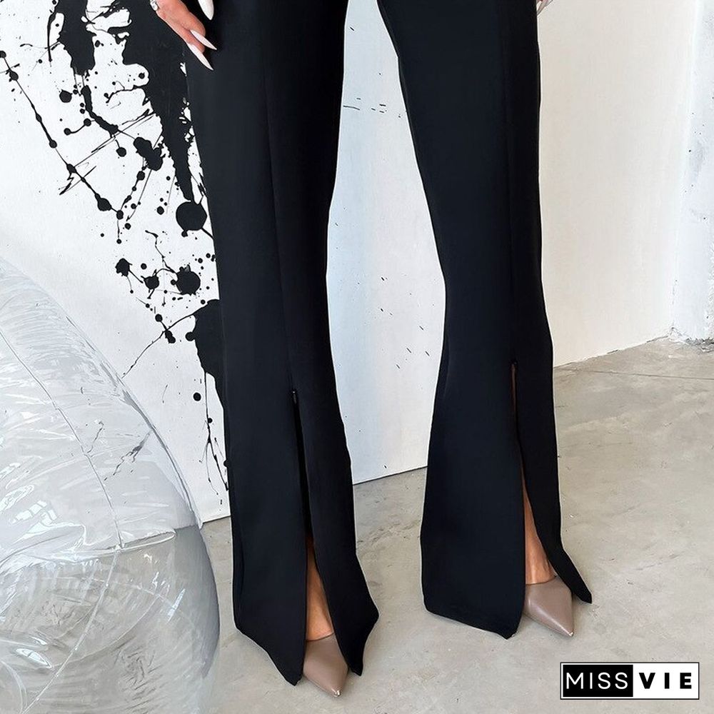 Fashion Temperament Slim Solid 2 Piece Sets Women Elegant Long Sleeve Lapel One Button Blazer + High Waist Slit Flare Pants Suit