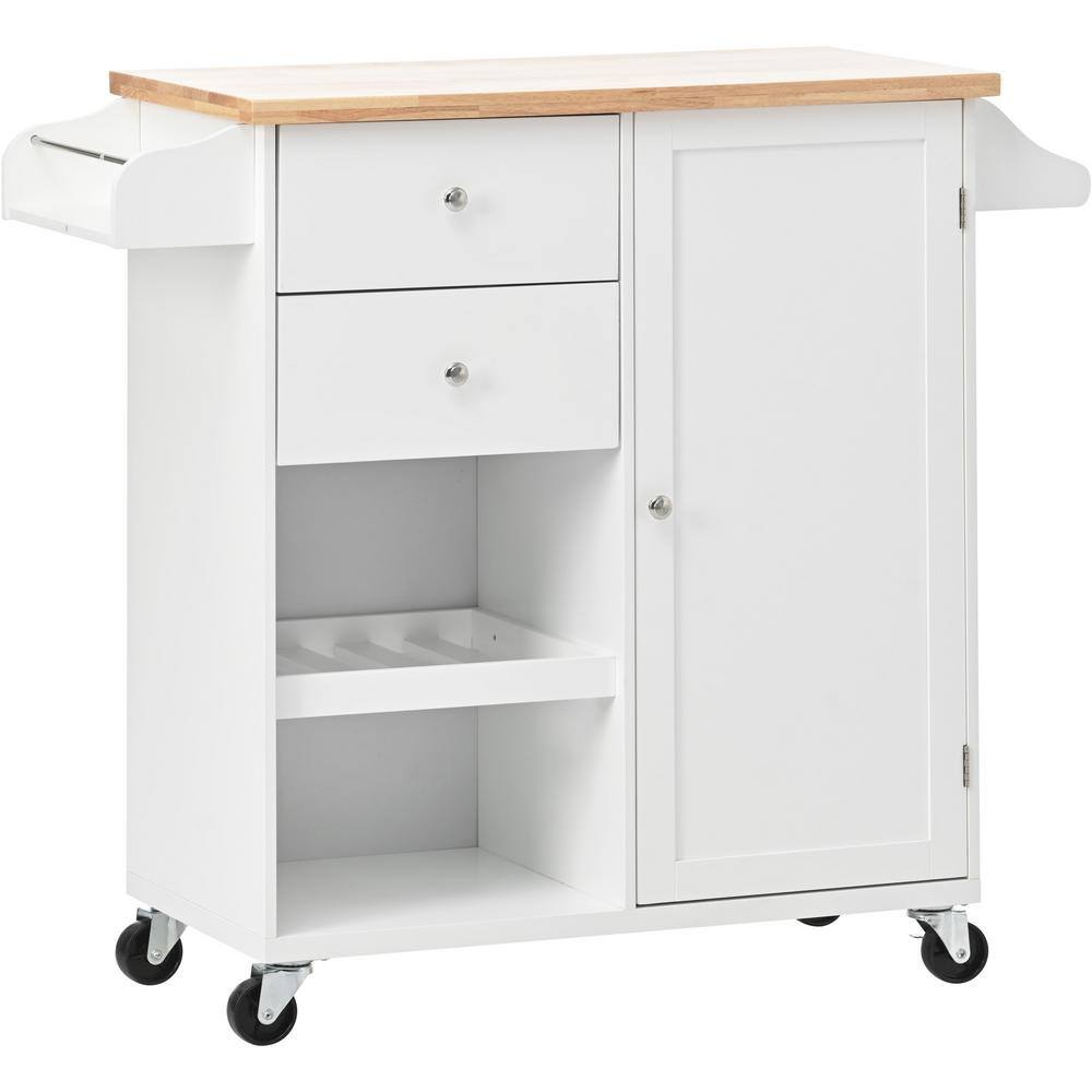 White Rubber Wood Top 41.3 in. W Kitchen Island on 4-Wheels with 2-Drawers and Large Storage Cabinet VJ033KIsland17