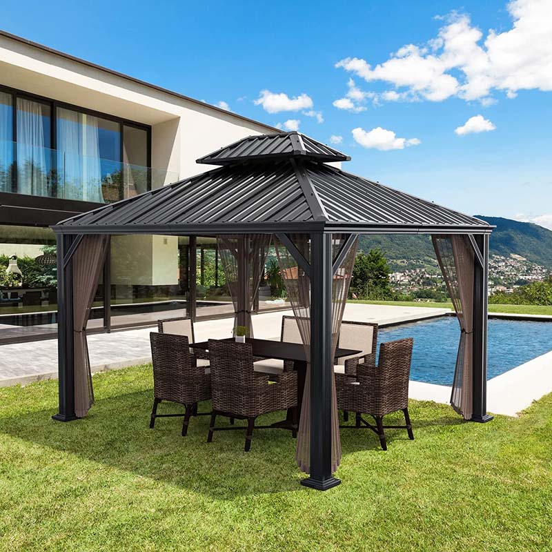 12 x 10 FT Hardtop Gazebo with Netting & Central Hook, 2-Tier Outdoor Patio Metal Gazebo Canopy Tent