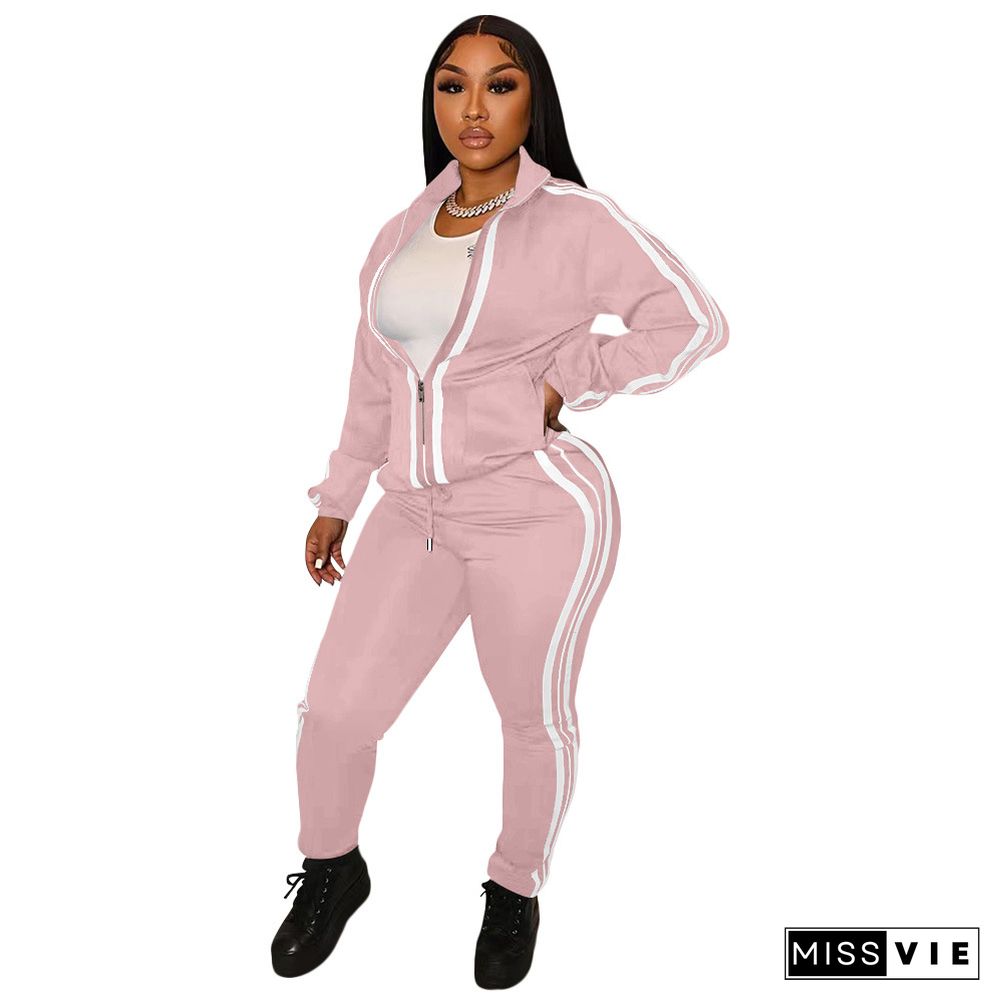 Side Striped Zip Sporty Jacket Two Piece Pants Set