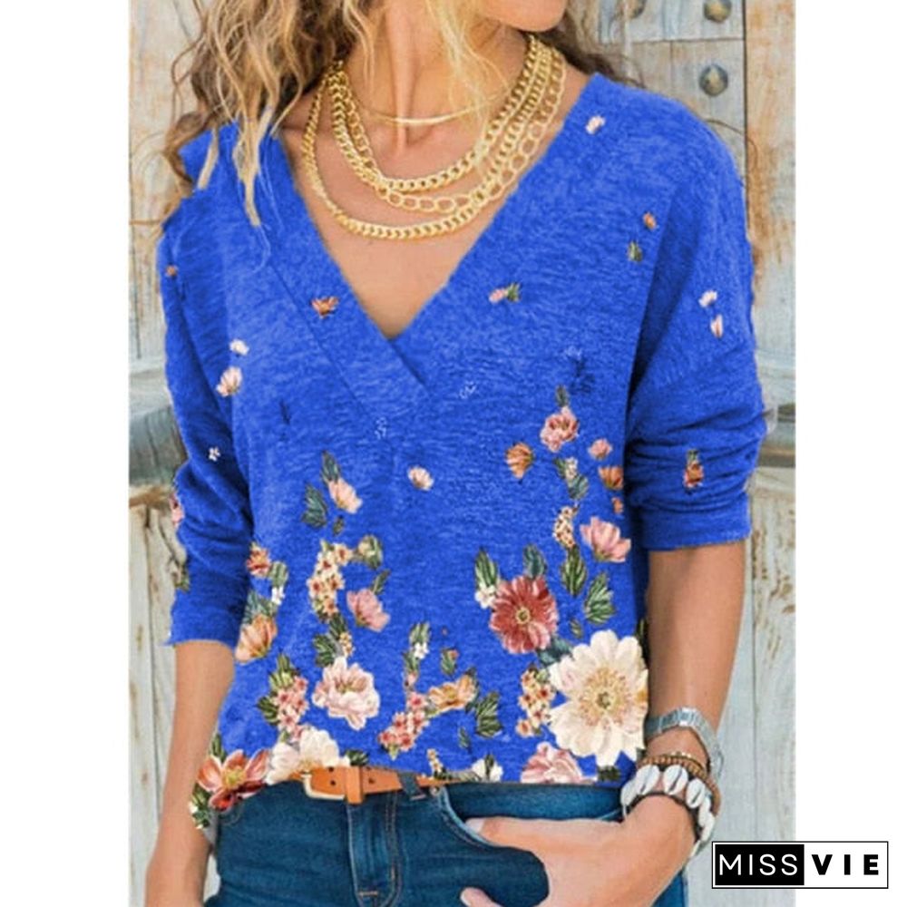 Snake Yx Women'S Clothing Autumn And Winter New Fashion Women'S V-Neck Flower Print Long-Sleeved Casual Loose T-Shirt Plus Size