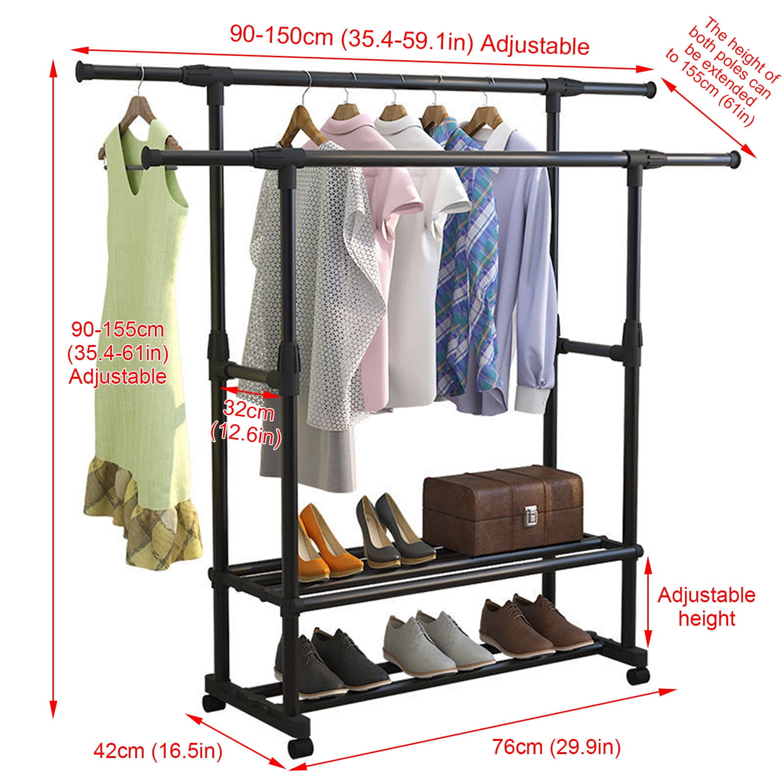 2/3 Layers Double Rail Clothes Garment Rack Heavy Duty Commercial Grade Clothing